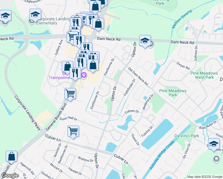map of restaurants, bars, coffee shops, grocery stores, and more near 1121 Sunview Court in Virginia Beach