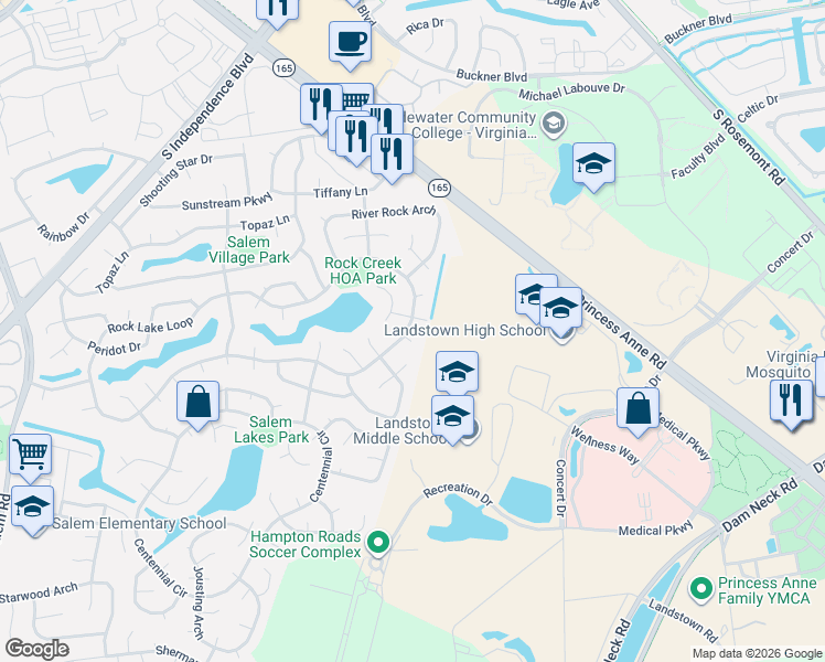 map of restaurants, bars, coffee shops, grocery stores, and more near 2120 Rock Lake Loop in Virginia Beach