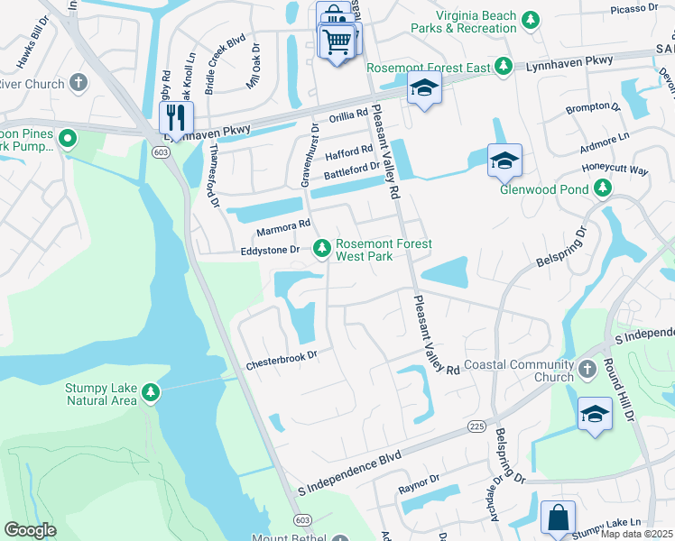 map of restaurants, bars, coffee shops, grocery stores, and more near 1857 Gravenhurst Drive in Virginia Beach
