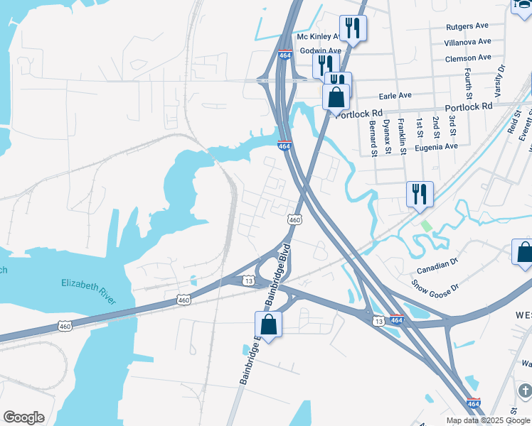 map of restaurants, bars, coffee shops, grocery stores, and more near 4340 Alvah Martin Way in Chesapeake