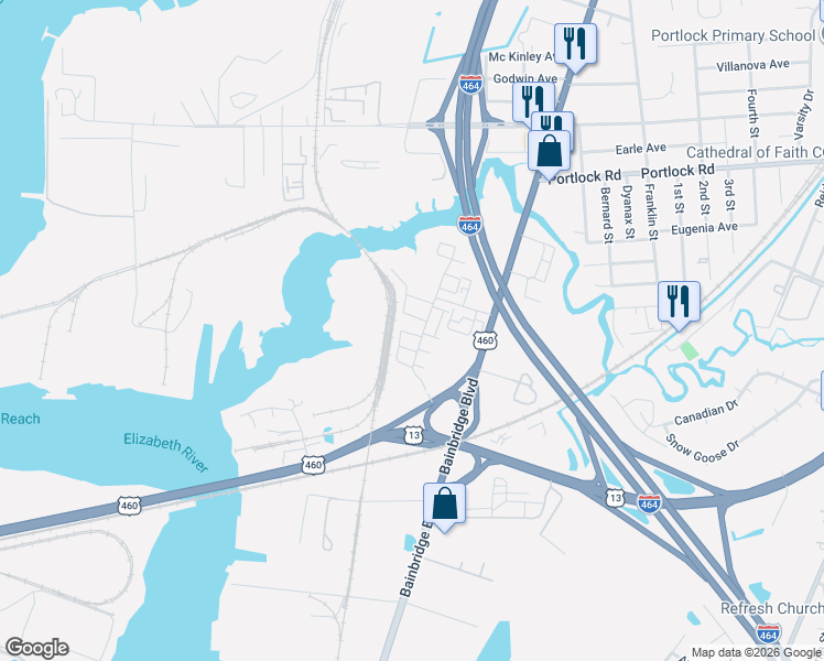 map of restaurants, bars, coffee shops, grocery stores, and more near 588 Marc Smiley Road in Chesapeake