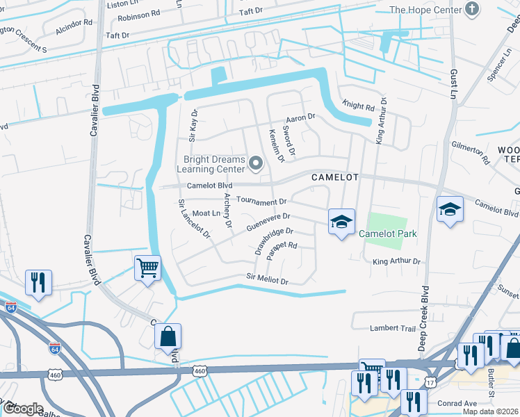 map of restaurants, bars, coffee shops, grocery stores, and more near 909 Guenevere Court in Chesapeake