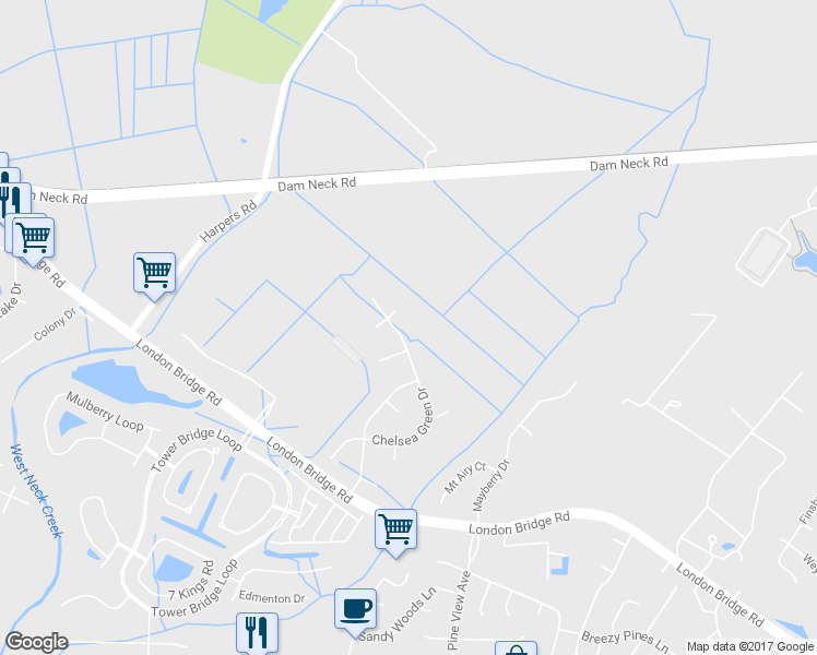 map of restaurants, bars, coffee shops, grocery stores, and more near 1820 Chelsea Green Drive in Virginia Beach