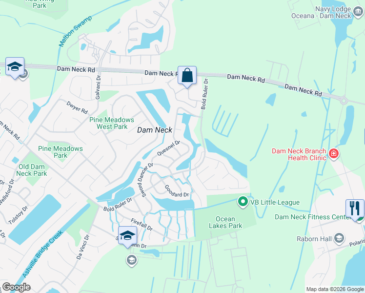map of restaurants, bars, coffee shops, grocery stores, and more near 749 Quesnel Drive in Virginia Beach