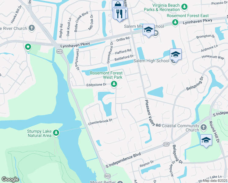 map of restaurants, bars, coffee shops, grocery stores, and more near 1857 Gravenhurst Drive in Virginia Beach