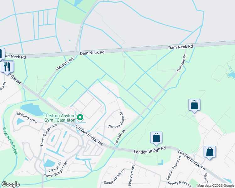 map of restaurants, bars, coffee shops, grocery stores, and more near 1820 Chelsea Green Drive in Virginia Beach