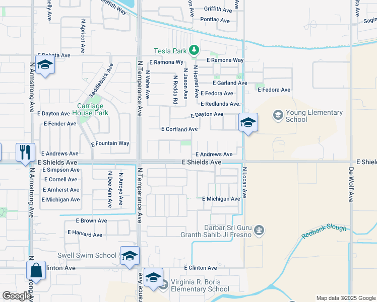 map of restaurants, bars, coffee shops, grocery stores, and more near 3025 North Hornet Avenue in Fresno