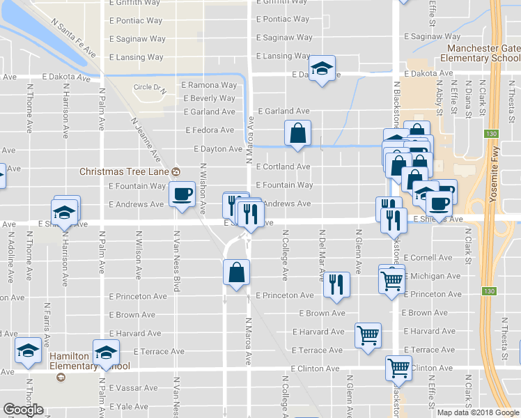 map of restaurants, bars, coffee shops, grocery stores, and more near 932 East Andrews Avenue in Fresno