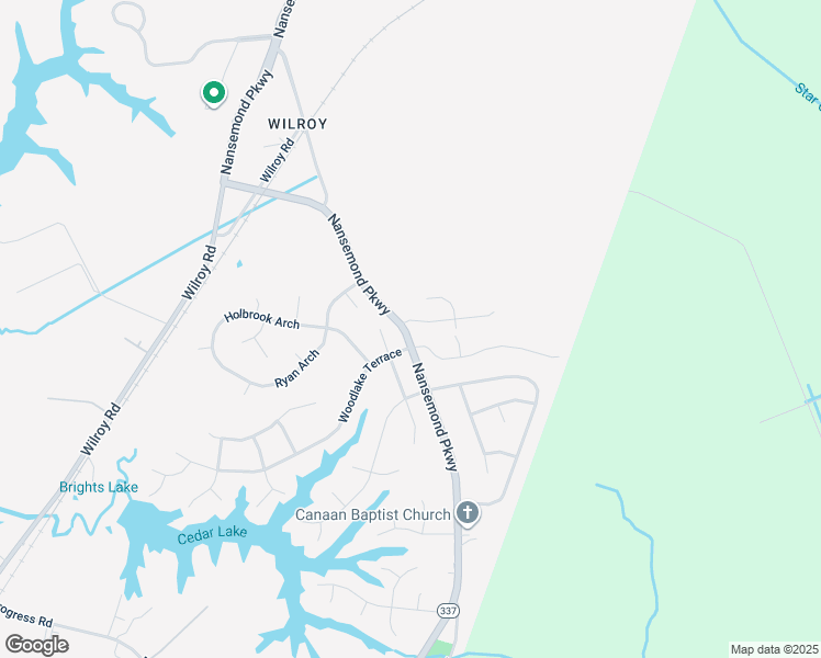 map of restaurants, bars, coffee shops, grocery stores, and more near 2000 Woodshire Way in Suffolk
