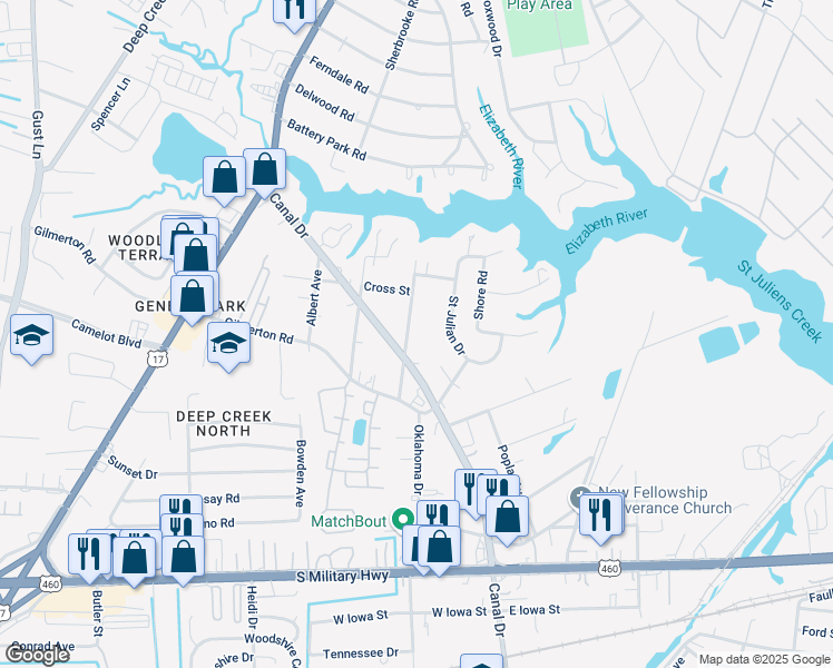 map of restaurants, bars, coffee shops, grocery stores, and more near 1029 Cox Avenue in Chesapeake