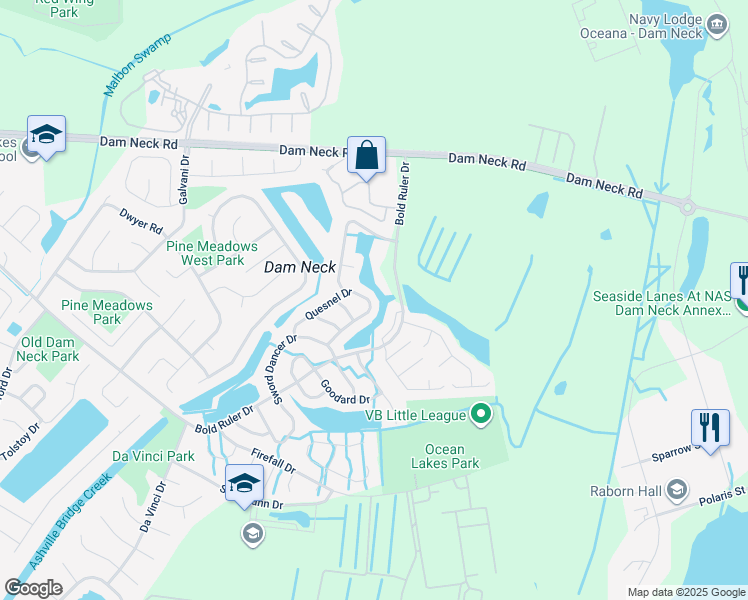 map of restaurants, bars, coffee shops, grocery stores, and more near 754 Quesnel Drive in Virginia Beach