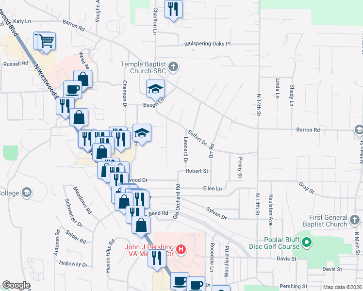 map of restaurants, bars, coffee shops, grocery stores, and more near 2313 Leonard Drive in Poplar Bluff