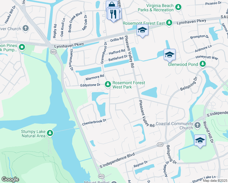map of restaurants, bars, coffee shops, grocery stores, and more near 1323 Wellfleet Court in Virginia Beach
