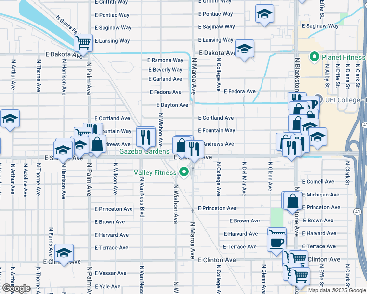 map of restaurants, bars, coffee shops, grocery stores, and more near 826 East Andrews Avenue in Fresno