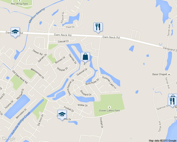 map of restaurants, bars, coffee shops, grocery stores, and more near 771 Quesnel Drive in Virginia Beach