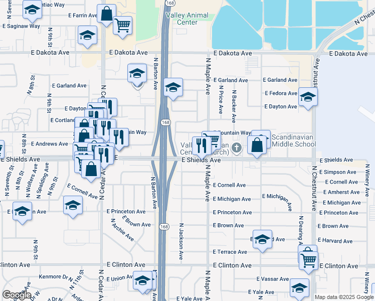 map of restaurants, bars, coffee shops, grocery stores, and more near 4581 East Shields Avenue in Fresno