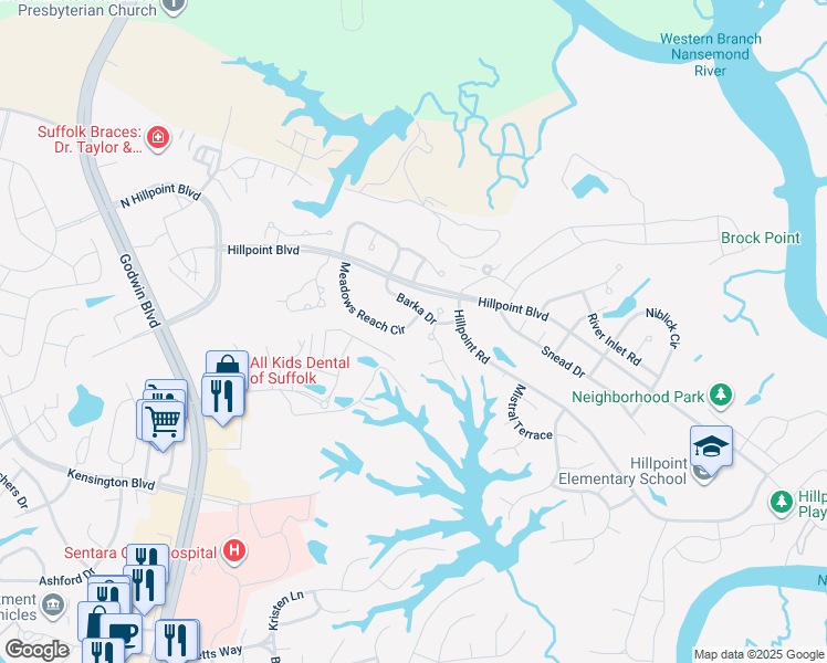 map of restaurants, bars, coffee shops, grocery stores, and more near 1036 Meadows Reach Circle in Suffolk
