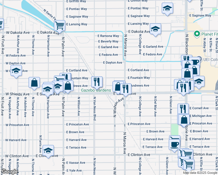 map of restaurants, bars, coffee shops, grocery stores, and more near 718 East Andrews Avenue in Fresno