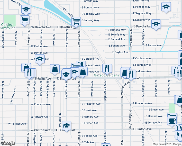 map of restaurants, bars, coffee shops, grocery stores, and more near 448 East Andrews Avenue in Fresno