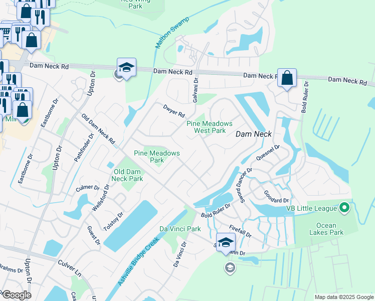 map of restaurants, bars, coffee shops, grocery stores, and more near 800 Avant Court in Virginia Beach