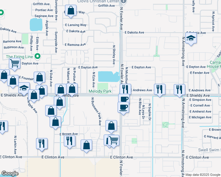 map of restaurants, bars, coffee shops, grocery stores, and more near 5965 East Shields Avenue in Fresno