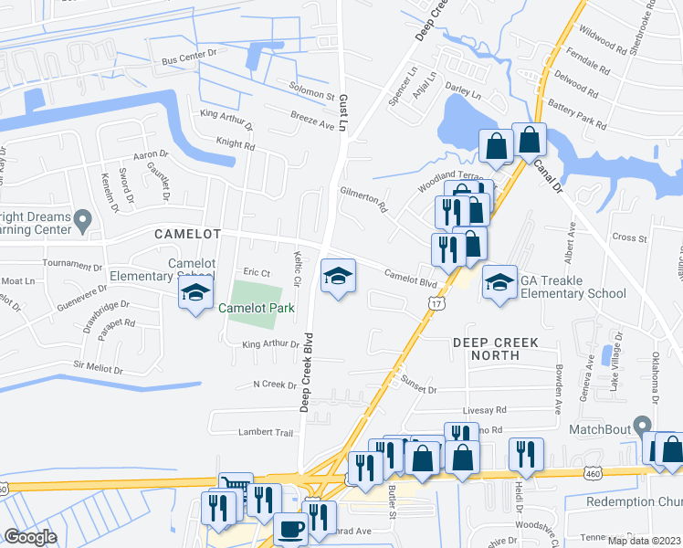 map of restaurants, bars, coffee shops, grocery stores, and more near 2708 Pendragon Court in Chesapeake