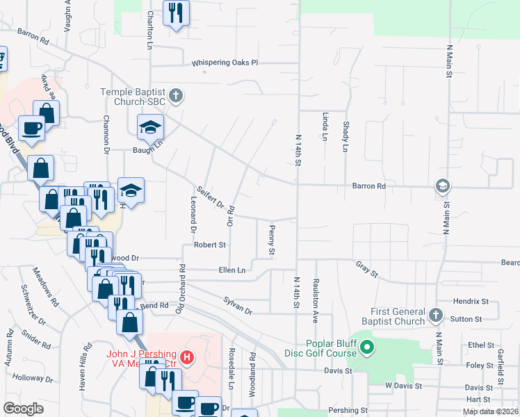 map of restaurants, bars, coffee shops, grocery stores, and more near 1605 Seifert Drive in Poplar Bluff