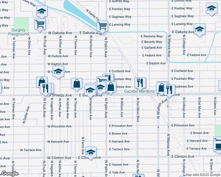 map of restaurants, bars, coffee shops, grocery stores, and more near 324 East Andrews Avenue in Fresno
