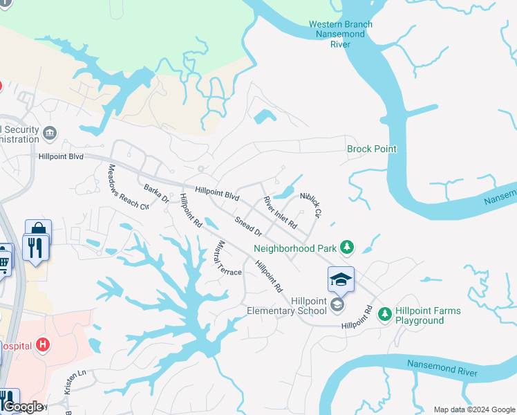 map of restaurants, bars, coffee shops, grocery stores, and more near 208 River Inlet Road in Suffolk
