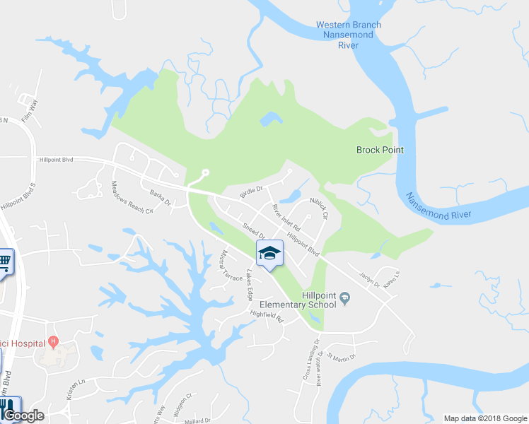 map of restaurants, bars, coffee shops, grocery stores, and more near 105 Tee Box Lane in Suffolk