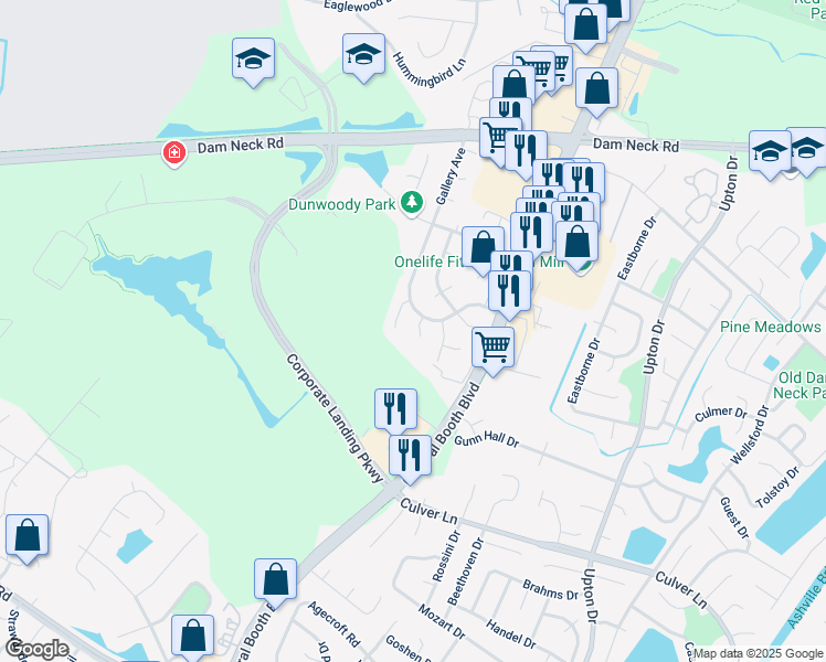 map of restaurants, bars, coffee shops, grocery stores, and more near 1613 Rechter Court in Virginia Beach