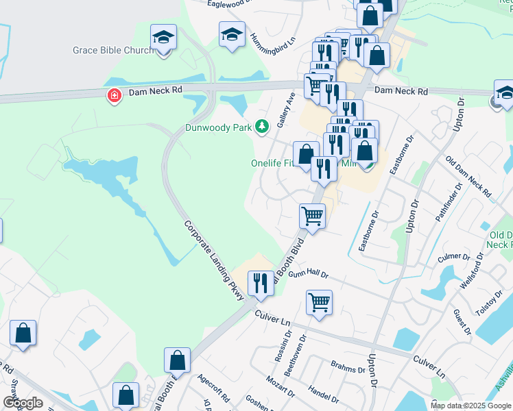 map of restaurants, bars, coffee shops, grocery stores, and more near 1637 Walsh Court in Virginia Beach