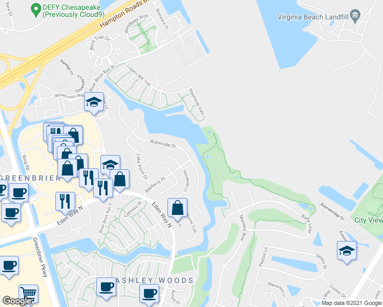 map of restaurants, bars, coffee shops, grocery stores, and more near 1500 Waterside Drive in Chesapeake