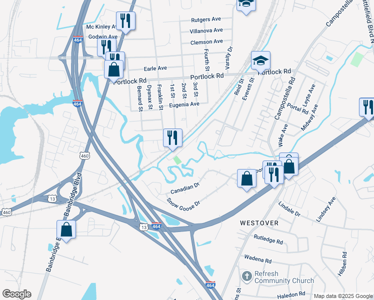 map of restaurants, bars, coffee shops, grocery stores, and more near 1110 Railroad Avenue in Chesapeake