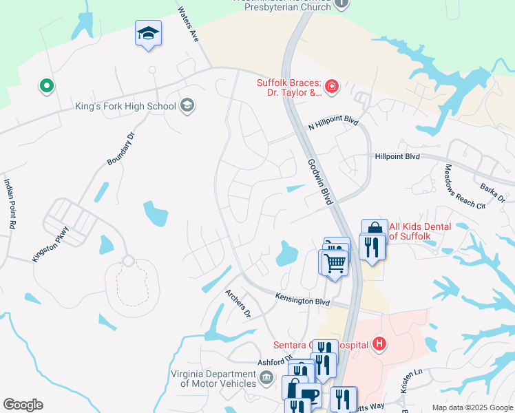 map of restaurants, bars, coffee shops, grocery stores, and more near 147 Squire Reach in Suffolk