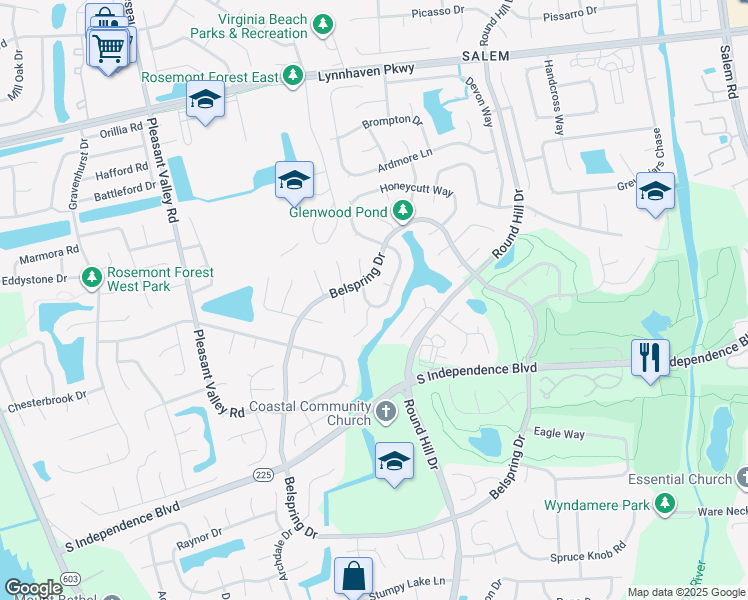map of restaurants, bars, coffee shops, grocery stores, and more near 2016 Silver Lake Drive in Virginia Beach