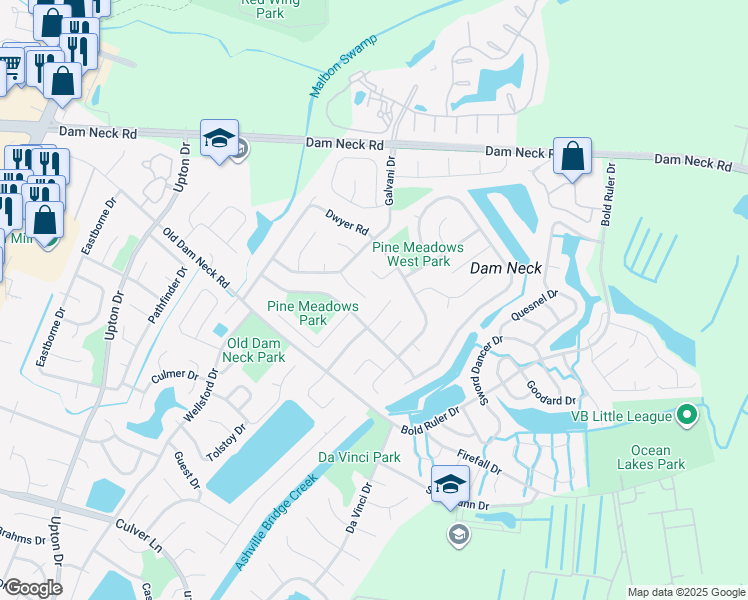 map of restaurants, bars, coffee shops, grocery stores, and more near 800 Avant Court in Virginia Beach