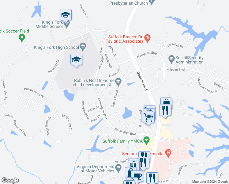 map of restaurants, bars, coffee shops, grocery stores, and more near 147 Squire Reach in Suffolk