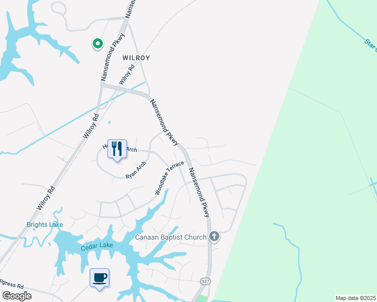 map of restaurants, bars, coffee shops, grocery stores, and more near 2000 Woodshire Way in Suffolk