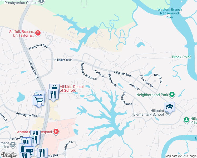 map of restaurants, bars, coffee shops, grocery stores, and more near 1036 Meadows Reach Circle in Suffolk