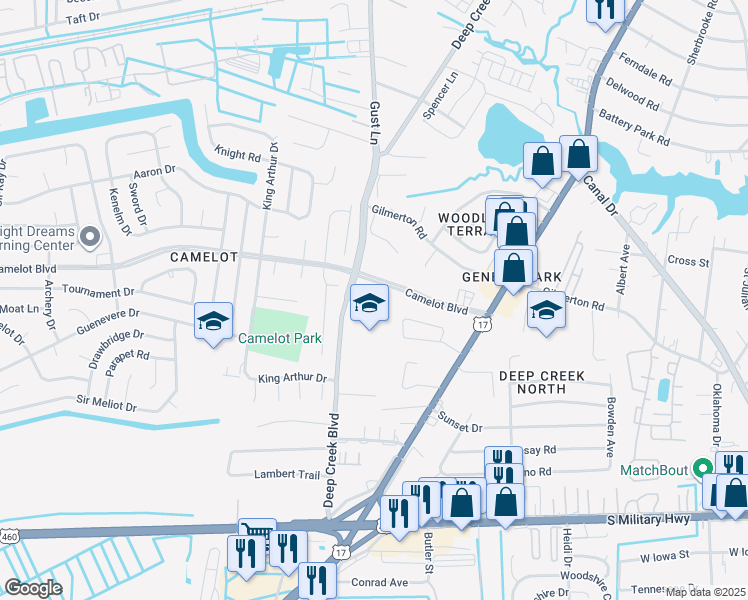 map of restaurants, bars, coffee shops, grocery stores, and more near 2708 Pendragon Court in Chesapeake