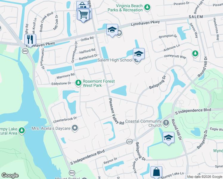 map of restaurants, bars, coffee shops, grocery stores, and more near 1972 Sydenham Trail in Virginia Beach