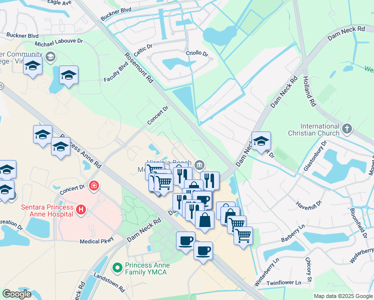 map of restaurants, bars, coffee shops, grocery stores, and more near 3500 Dam Neck Road in Virginia Beach