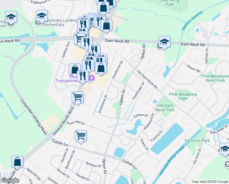 map of restaurants, bars, coffee shops, grocery stores, and more near 1113 Seabright Court in Virginia Beach