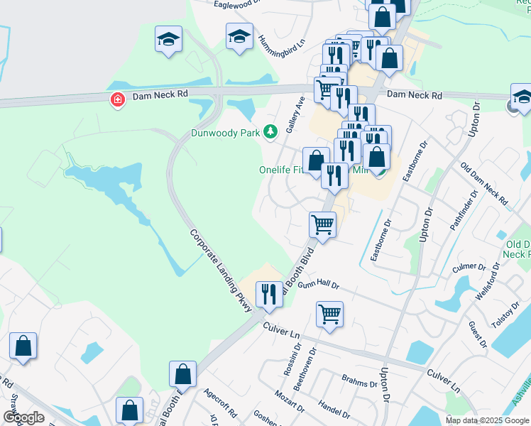 map of restaurants, bars, coffee shops, grocery stores, and more near 1637 Walsh Court in Virginia Beach