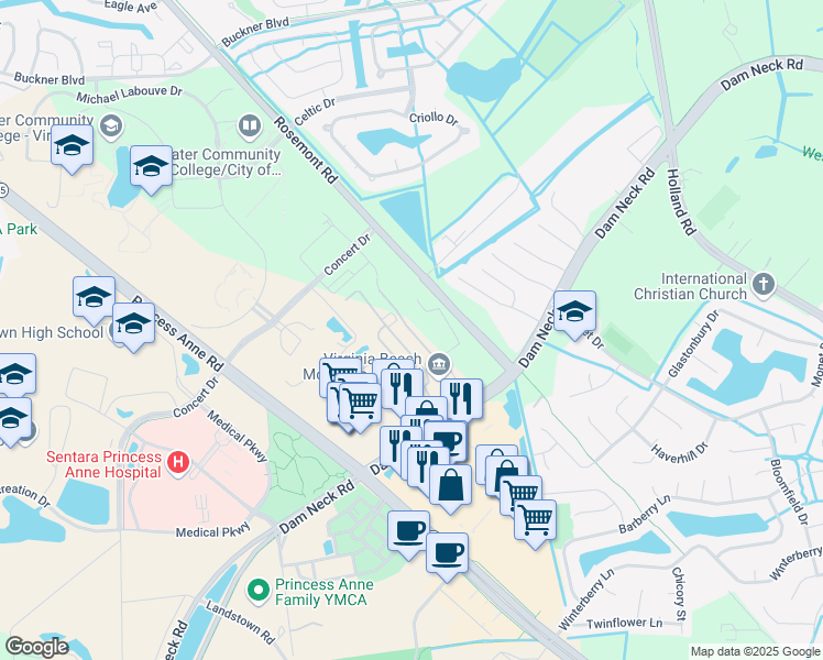 map of restaurants, bars, coffee shops, grocery stores, and more near 3500 Dam Neck Road in Virginia Beach