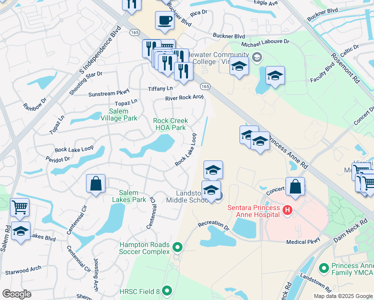 map of restaurants, bars, coffee shops, grocery stores, and more near 2120 Rock Lake Loop in Virginia Beach