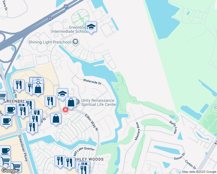 map of restaurants, bars, coffee shops, grocery stores, and more near 1500 Waterside Drive in Chesapeake