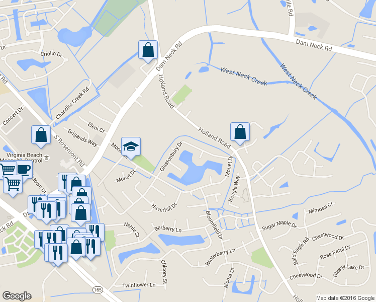map of restaurants, bars, coffee shops, grocery stores, and more near 3063 Glastonbury Drive in Virginia Beach