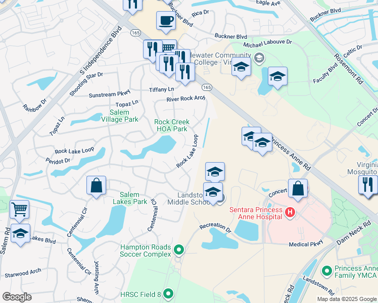 map of restaurants, bars, coffee shops, grocery stores, and more near 2120 Rock Lake Loop in Virginia Beach